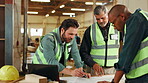 Workshop, business people and discussion with blueprint for architecture, drawing and collaboration. Team, men and architects with sketch for floor plan, project layout and construction renovation
