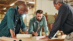 Architecture, men and discussion with blueprint in workshop, drawing and business collaboration. Team, people and architect with sketch for floor plan, project feedback and solution for renovation