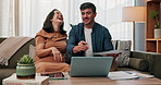 Laptop, pregnancy and laughing with couple on sofa for life insurance update, documents and research. Maternity benefits, funny and healthcare plan with man and woman in living room of family house
