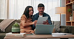 Laptop, pregnancy and planning with couple on sofa for life insurance update, documents and research. Maternity benefits and healthcare paperwork with man and woman in living room of family house