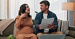 Stress, pregnancy and planning with couple on sofa for life insurance payment, documents and debt. Discussion, frustrated and invoice paperwork with man and woman in living room of family house