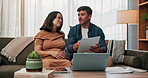 Talking, pregnancy and planning with couple on sofa for life insurance payment, documents and debt. Discussion, support and invoice paperwork with man and woman in living room of family house
