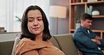 Woman, thinking or couple fight in home with anxiety, affair or liar frustrated by marriage, fail or cheating. Toxic relationship, ignore or upset people argue with divorce risk, stress or mistake
