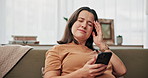 Phone, pregnant and woman with headache, pain and mental health of sick future mom in home. Stress, pregnancy and tired person with migraine, fatigue or massage temples with discomfort in living room