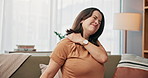 Pregnant woman, shoulder pain or ache with discomfort on sofa for bad posture, pressure or strain at home. Female person, pregnancy and sore injury with stress for muscle tension on couch at house