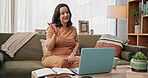Happy, pregnant woman or laptop with video call for chat, communication or conversation on sofa at home. Female person, pregnancy or computer with wave for friendly discussion on motherhood at house