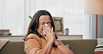 Sick woman, pregnant and blowing nose with tissue for influenze, virus or viral infection at home. Frustrated, pregnancy or sneeze on couch with sinus, cold or flu for germ, hayfever or bad allergy