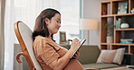 Home, pregnant and woman writing in notebook for baby name ideas, prenatal list or maternal planning. Notes, pregnancy and happy mother with diary for experience, future expectation or track growth