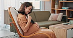 Relax, smile and writing with pregnant woman on chair in living room for future or planning. Comfort, notebook and pregnancy with happy mother in apartment for baby or family ideas and vision