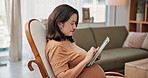 Home, pregnant and woman with tablet online to research baby name ideas, prenatal tips or scroll maternal website. Digital technology, pregnancy and future mother on app to track growth or check news