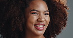 Black woman, smile and beauty with afro in studio, cosmetics and excited for results by background. African girl, model and happy with natural hair care, growth or change with transformation in Kenya