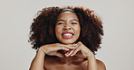 Beauty, face and smile with woman in studio for skincare, hydration benefits and self care. Cosmetics, glow and dermatology with African person on white background for shine, spa treatment and facial