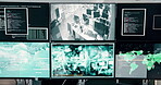 CCTV. screen and surveillance with tracking equipment in control room for investigation or security. Display, monitor and video footage with technology in military headquarters for global search