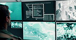 Man, army and computer screen for security safety, military air control and monitoring war. Back, soldier and global surveillance for satellite warning, government protection and confidential footage
