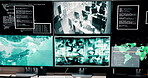 CCTV. display and surveillance with tracking equipment in control room for investigation or security. Monitor, screen and video footage with technology in military headquarters for global search