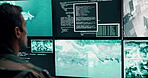 Man, soldier and computer screen of security safety, military air control and monitoring war. Male army, global and surveillance with satellite warning, government protection and confidential footage