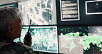 Person, talk and radio with computer screen for security video, military air control and monitor war. Woman, communication and global surveillance for safety, government protection and report danger