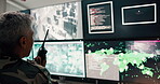 Woman, talk and radio with computer screen for security video, military air control and monitor war. Person, communication and global surveillance for safety, government protection and report danger
