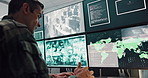 Army, man and computer screen for military safety, battle location and monitoring war. Soldier, spy feedback and global surveillance with satellite warning, government protection and secret services
