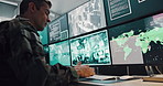 Soldier, man and computer screen for military safety, battle location and monitoring war. Army, spy feedback and global surveillance with satellite warning, government protection and secret services
