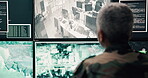 Person, army and computer screen for security safety, military air control and monitor war. Back, soldier and global surveillance for satellite warning, government protection and confidential footage
