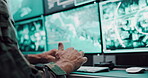 Hands, person and typing on computer screen in control room, military safety and battle location. Soldier, feedback and global surveillance of satellite report, government protection and confidential