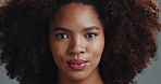 Black woman, face and beauty with afro in studio, cosmetics and pride for results by background. African girl, model and portrait with natural hair care, growth or change with transformation in Kenya
