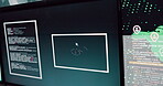 CCTV. monitor and surveillance with tracking equipment in control room for investigation or security. Display, screen and video footage with technology in military headquarters for global search