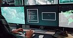 Computer screen, surveillance and typing with person in CCTV control room for satellite monitoring, Live feed, search and security with soldier at headquarters for military support or mission update