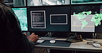 Computer screen, surveillance and typing with soldier in CCTV control room for satellite monitoring, Live feed, search and security with person at headquarters for military support or mission update