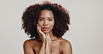 Face, black woman and skincare for shine, aesthetic and mockup on white studio background. Portrait, African model and person with cosmetics, satisfaction and dermatology treatment for natural beauty