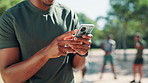 Hands, phone and fitness at park, texting and scroll for speed stats, challenge and monitor progress in nature. Person, smartphone and mobile app for stopwatch, steps and break for workout in summer