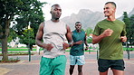 Group, friends and running for cardio, fitness and wellness in park for urban marathon club. People, goals and target for health, workout and exercise or endurance training with personal trainer
