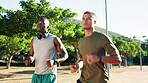 Running, team and men on race, fitness and training with energy for competition, outdoor or serious. Park, healthy and practice for marathon in morning, runner and workout for people, active or speed