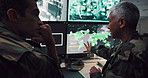 Computer screen, surveillance and talking with people in CCTV control room for satellite monitoring, Live feed, pointing and search with soldier at headquarters for military support or mission update
