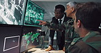 Computer screen, pointing and surveillance with people in CCTV control room for satellite monitoring, Conversation, search and security with soldier team at hq for military support or mission update