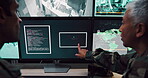 Collaboration, computer screen and surveillance with people in CCTV control room for satellite monitoring, Live feed, search and security with team at army hq for military support or mission update