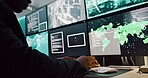 Computer screen, search and typing with person in CCTV control room for satellite monitoring, Live feed, surveillance and security with soldier at headquarters for military support or mission update