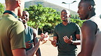 Talking, athletes or men in park in group for fitness training, outdoor workout and sports exercise. Smile, healthy people or happy male runners with friends, team or support for running, jog or race