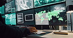 Computer screen, keyboard and surveillance with person in CCTV control room for satellite monitoring, Hands, live feed and search with soldier at headquarters for military support or mission update