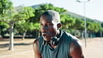 Sweat, breathe and black man with fitness in nature for sports, exercise and training for marathon. African athlete, tired and exhausted from workout with break, run fatigue and cardio in park