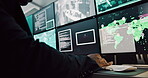 Computer screen, hands and surveillance with person in CCTV control room for satellite monitoring, Live feed, search and typing with soldier at headquarters for military support or mission update