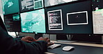 Computer screen, typing and video with person in CCTV control room for satellite monitoring, Live feed, search and surveillance with soldier at headquarters for military support or mission update
