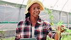 Inspection, farmer and woman with tablet, sustainability and preparing for harvest with tech or greenhouse. Small business, nutrition and monitoring crop health in environment, growth or black person