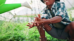 Agriculture, washing hands and watering can with person on farm for cleaning, hydration or hygiene. Agribusiness, bacteria and environment with farmer outdoor in green countryside for sustainability