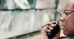Black man, security guard and talking with radio for surveillance alert or building safety. Male person, CCTV operator or mall cop with speaker or screen for communication, footage or observation