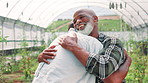Greenhouse, agriculture and black men with handshake, hug and sustainability. People, farm and employees shaking hands, embrace or gmo specialist with countryside, nature and cooperation with welcome