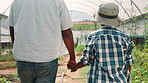 Greenhouse, holding hands and father with child on farm for teaching sustainable family agribusiness. Bonding, eco friendly and back of dad with boy kid for learning produce growth by countryside.