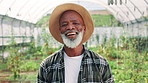 Happy, black man and face of farmer in greenhouse with pride for agriculture, sustainable or agro business. Nature, confident and portrait of male person with produce production in countryside.