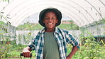 Face, farming and smile with black child in greenhouse for growth, agriculture and vegetable harvest. Plants, sustainability and environment with boy in countryside for ecology, organic and nature